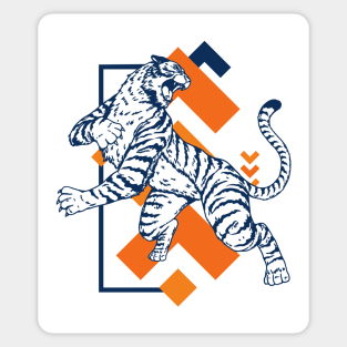 Retro 80s Orange and Navy Tiger on the Attack // Vintage Geometric Shapes Background Sticker